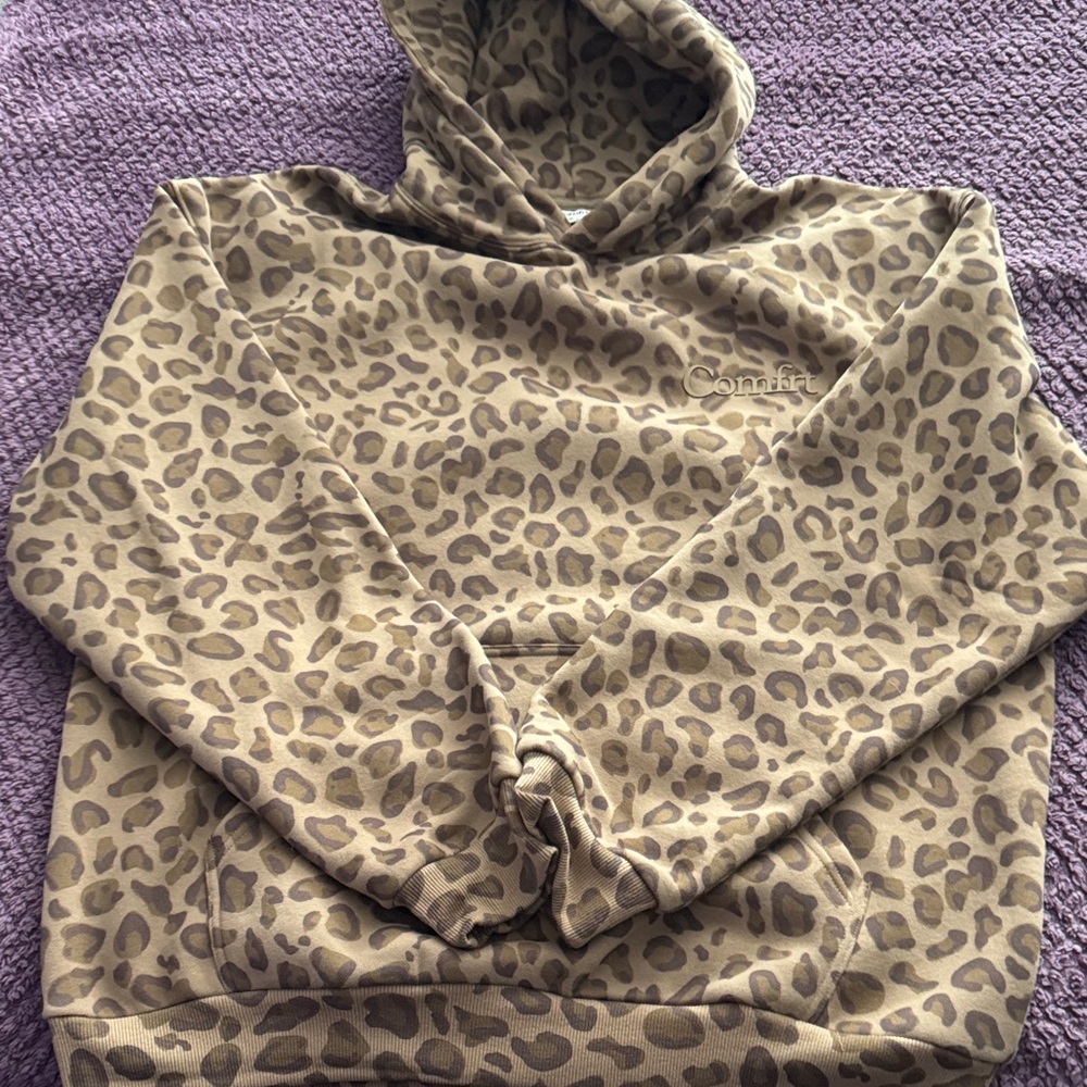 Comfort Brand Leopard Print Hooded Sweatshirt - Tan